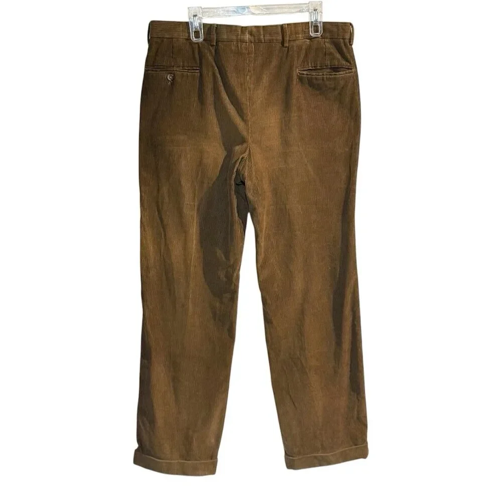 VTG Jos. A. Bank Mens Pants Green Corduroy Straight Cuffed Pleat Chinos Size 35